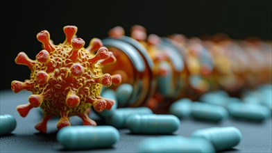 A 3D rendered virus model with pills lined up in the background, AI generated