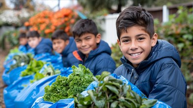 Group of children engaged in gardening, filling blue bags with fresh leafy greens, agricultural and