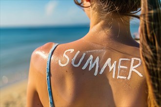 Back of woman at beach with text 'Summer ' written on skin with sunscreen cream. KI generiert,