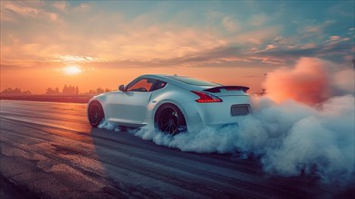Performance japanese sports car doing a burnout at sunrise with smoke enveloping the tires, AI