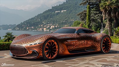 Copper-toned luxury car parked by a serene lake with palm trees and hillside homes in the distance,