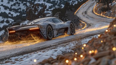 Sports car driving on a snowy mountain road with lights emitting a warm glow, AI generated