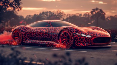 Red A hydrogen internal combustion engine vehicle concept car with leopard pattern and fiery glow