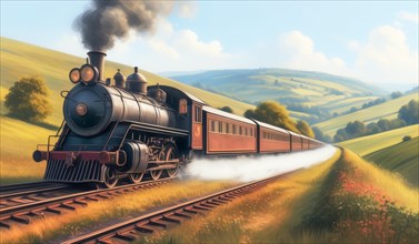 Vintage steam engine train chugging through a pastoral countryside landscape, ai generated, AI