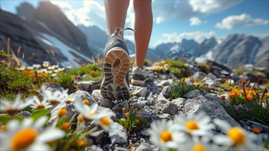 Walking on a wildflower-lined mountain trail with hiking boots in view and a blue sky, AI generated
