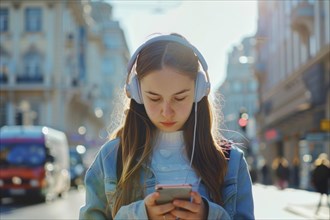 Schoolgirl with headphones looking at her smartphone on a busy street in a city, symbolic image for