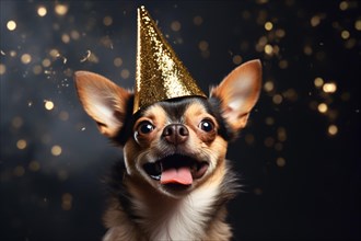 Happy Chihuahua dog with golden birthda yor new year party hat. KI generiert, generiert, AI