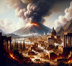 Pompeii during the eruption of the volcano Vesuvius in 79 AD, lava pours into the ancient city, AI