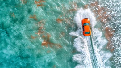Top-down view of an orange car driving through ocean waves, creating white foam, action sports