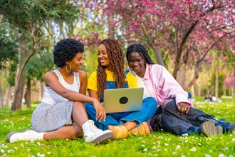 Group of three african american young women using laptop sitting on a park