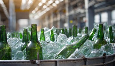 Empty glass bottles, in a recycling plant, AI generated, AI generated