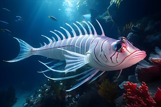 Oarfish in the deep sea shimmering under faint light, AI generated