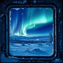 Aurora borealis through frost framed window and a vast snowy landscape beneath, AI generated
