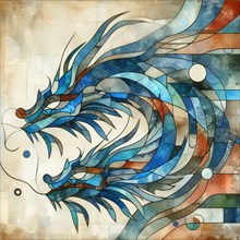 Dynamic abstract geometric mosaic of a dragon in cool blue tones, square aspect, teal orange grunge