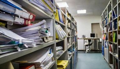 A cluttered workplace with lots of files and papers on the shelves, bureaucracy symbol, AI