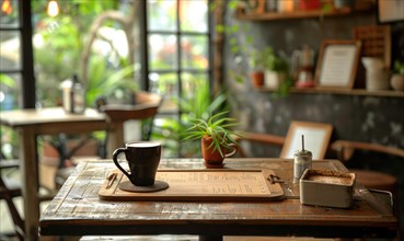 Black coffee cup on a wooden table inside a cafe with a plant and blurred background AI generated