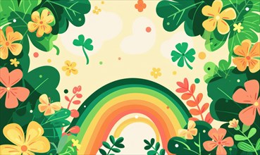 Cheerful nature-themed illustration with a rainbow surrounded by vibrant green leaves and yellow