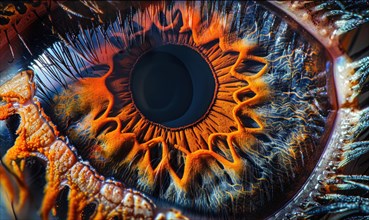 Macro of a fiery orange and black iris with visible eyelash shadows AI generated