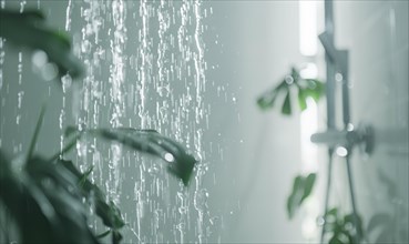 Close-up of a serene shower setting with water streams and plant life AI generated