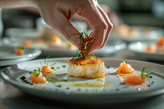 A chef finishing a dish with scallops and precise, elegant garnishes, AI generated