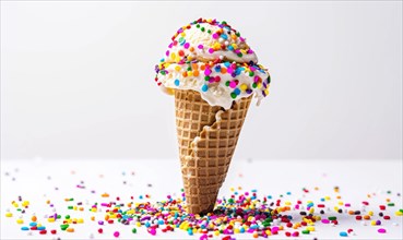 Ice cream cone with sprinkles on white background AI generated