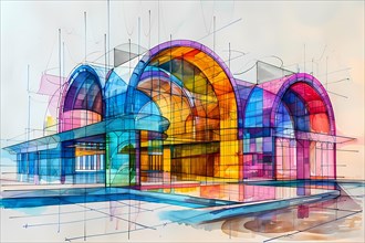 Watercolor artwork of a colorful, modern building with an arched design and reflections, AI