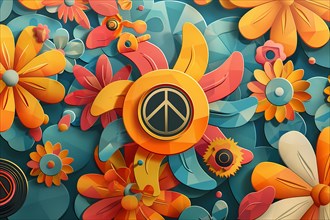 Illustration of a vibrant 3D peace symbol surrounded by colorful spring flowers, illustration, AI