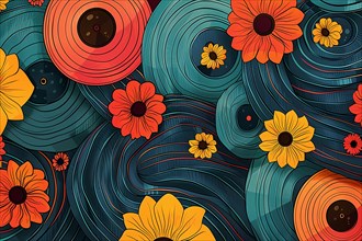 Artistic composition of swirling patterns and vinyl records with floral motifs, illustration, AI