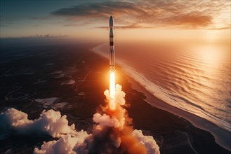 Aerial view of a rocket launch at sunrise sunset over an ocean coast. The rocket is blasting off