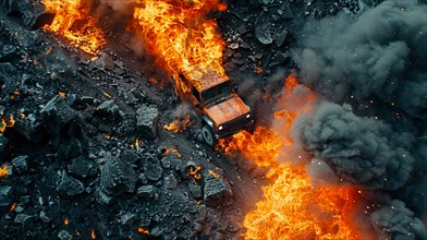 An SUV escaping a dangerous volcanic terrain engulfed in flames and smoke, AI generated