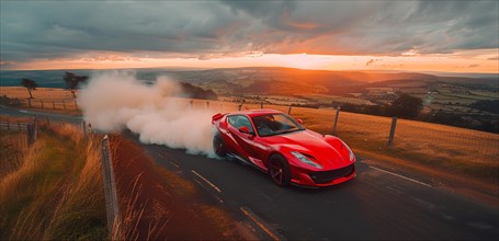 Sports car driving fast on a country road with smoke trailing behind at sunset, AI generated