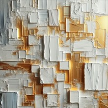 Metallic textured abstract painting with gold, silver, and white strokes, AI generated