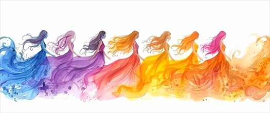 Abstract watercolor image with seven silhouettes of women with flowing dresses in a rainbow of