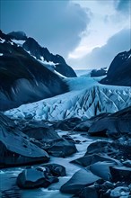 Glacier fractures embracing the deep crevasses indicative of rapid melting under a subdued sky, AI