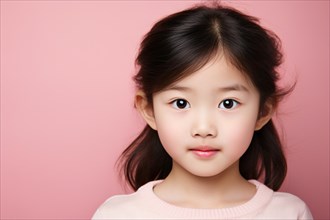 Portrait of young Asian girl child in front of pink studio background. KI generiert, generiert, AI