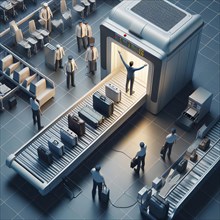 A man on a conveyor belt with suitcases is x-rayed at an airport security checkpoint, AI generated,