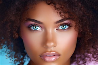 Portrait of beautiful young black african american woman with unusual blue eyes and pink makeup. KI