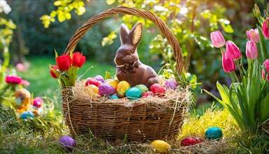 Chocolate Easter bunny in a basket with colourful Easter eggs surrounded by tulips in a sunny