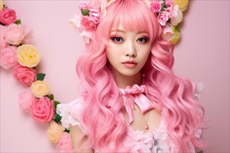 Portrait of Asian woman with long pink hair and cute fashion with lace and flowers. KI generiert,