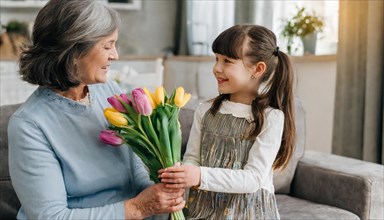 A grandmother receives a colourful bouquet of tulips from her granddaughter, AI generated, AI