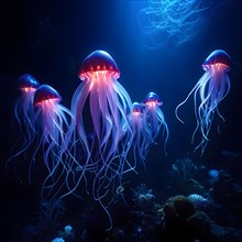 Vampire squid with bioluminescent filaments, AI generated, deep sea, fish, squid, bioluminescent,