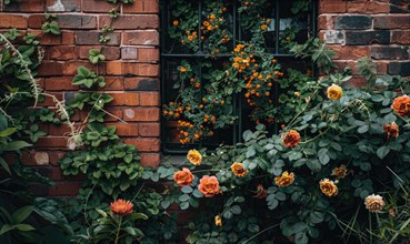 An overgrown window with orange flowers against an old brick wall AI generated