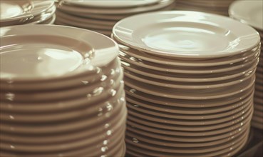 Sepia-toned image of orderly stacks of ceramic plates in a kitchen setting AI generated