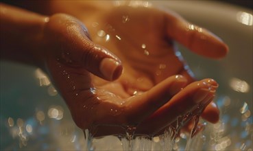 Hands gently cup water droplets, with soft reflections and a sense of motion AI generated