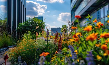 Colorful rooftop garden amid high-rise office buildings under a clear sky AI generated