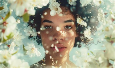Peaceful woman in a digital artwork, appears to be floating underwater with flowers and bubbles AI
