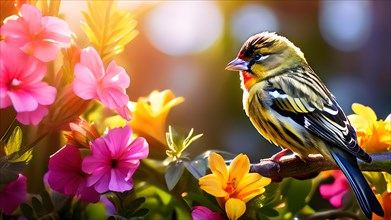 Siskin bird perched amidst vibrant summer garden blooming flora, AI generated