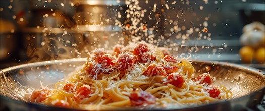 Warmly lit scene of pasta with tomatoes as parmesan cheese is dynamically grated over it, AI