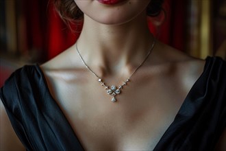 Close-up of a woman's neck adorned with an elegant diamond necklace, AI generated