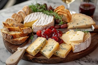 A cheese board with various cheeses, bread, and accompaniments, AI generated